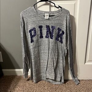 PINK Victoria's Secret Gray Long Sleeve Tee with Purple Sequins